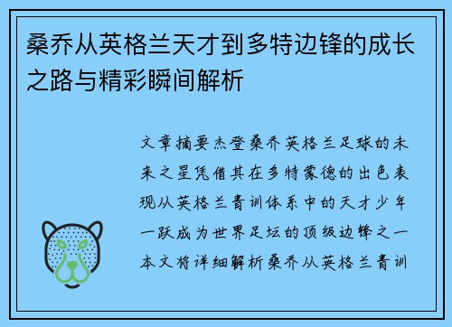 桑乔从英格兰天才到多特边锋的成长之路与精彩瞬间解析 桑乔从英格兰天才到多特边锋的成长之路与精彩瞬间解析