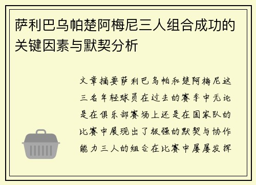 萨利巴乌帕楚阿梅尼三人组合成功的关键因素与默契分析