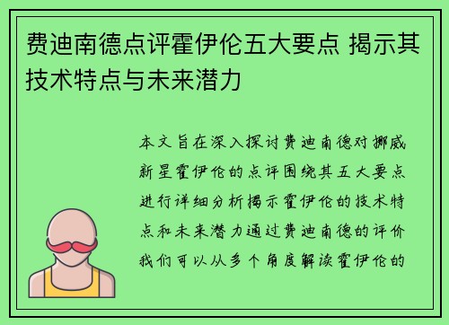 费迪南德点评霍伊伦五大要点 揭示其技术特点与未来潜力 费迪南德点评霍伊伦五大要点 揭示其技术特点与未来潜力