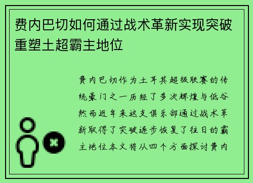 费内巴切如何通过战术革新实现突破重塑土超霸主地位